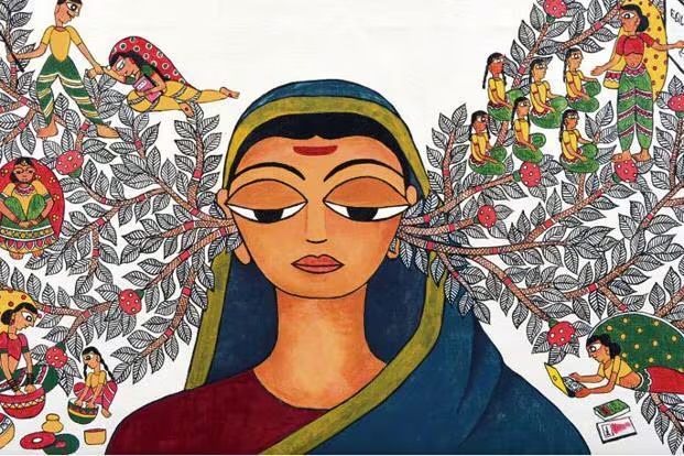 Madhubani folk-art portrait of Savitribai Phule surrounded by children learning